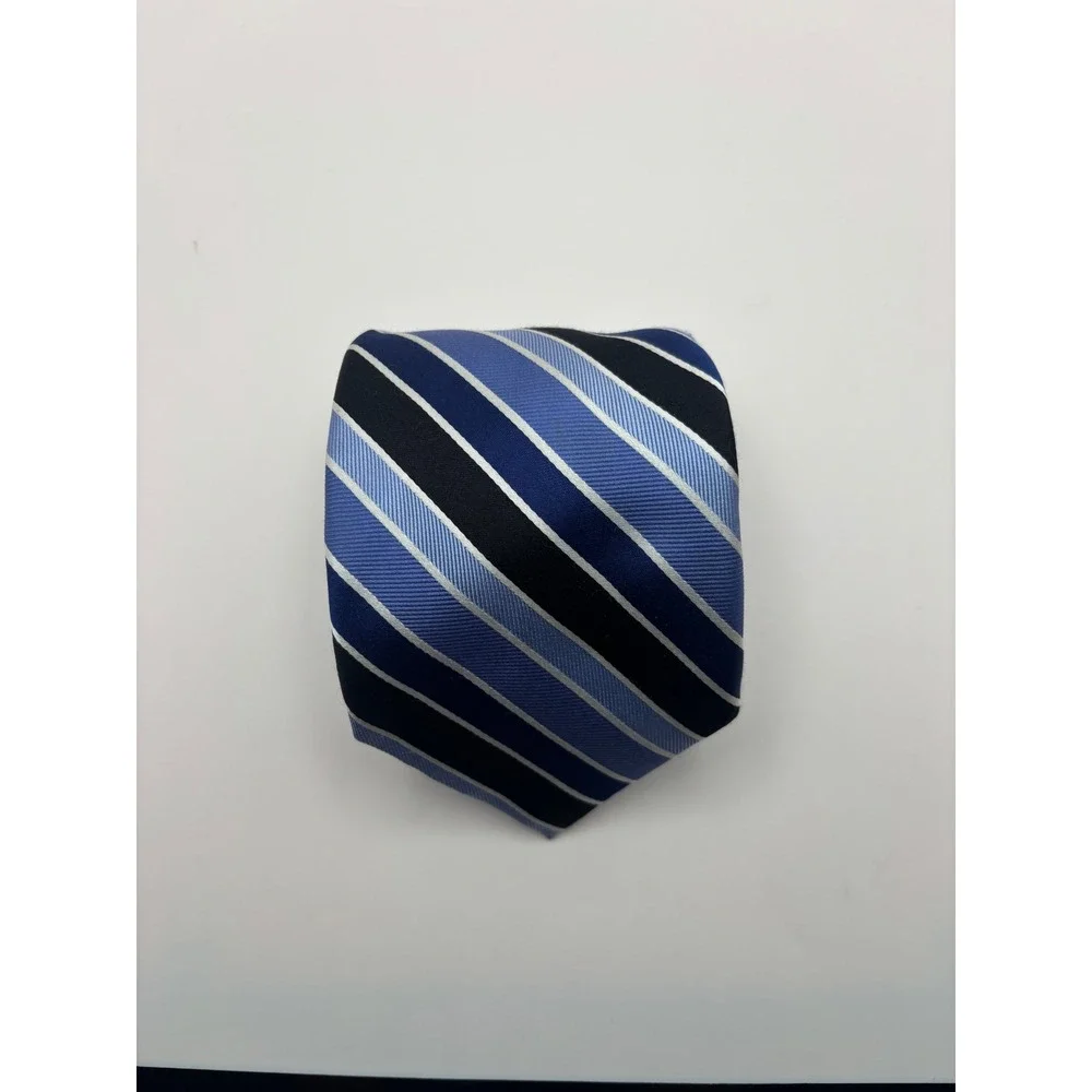 Chaps Mens Silk Necktie Blue Navy White Diagonal Striped Handmade Business Tie